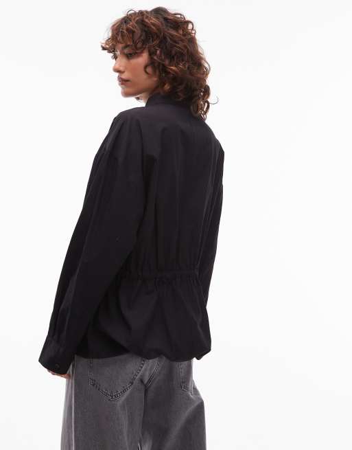 ASOS DESIGN funnel neck drawstring waist shirt in black, 3 of 4