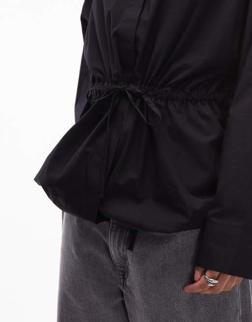 ASOS DESIGN funnel neck drawstring waist shirt in black, 4 of 4