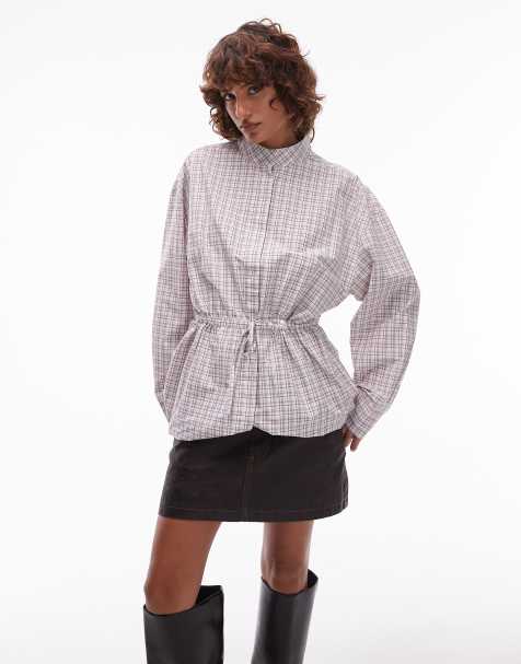 ASOS DESIGN funnel neck drawstring waist shirt in check - view 1