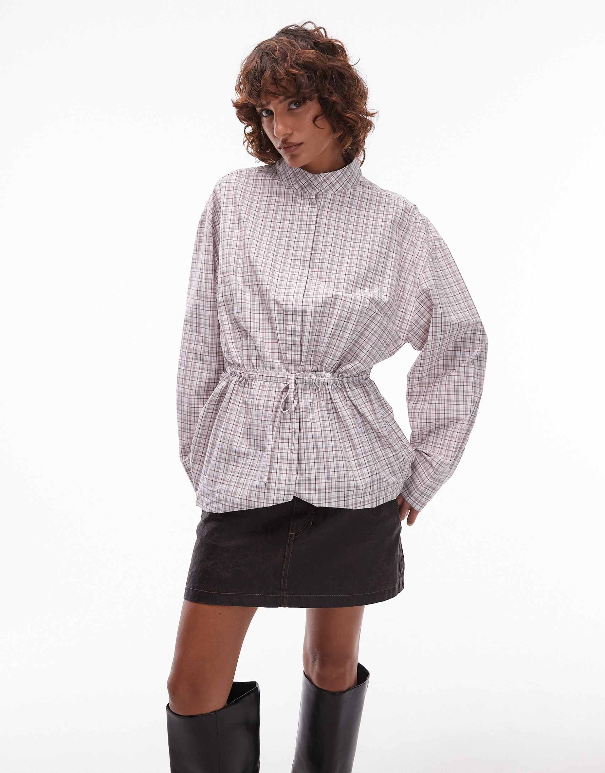 asos design funnel neck drawstring waist shirt in check