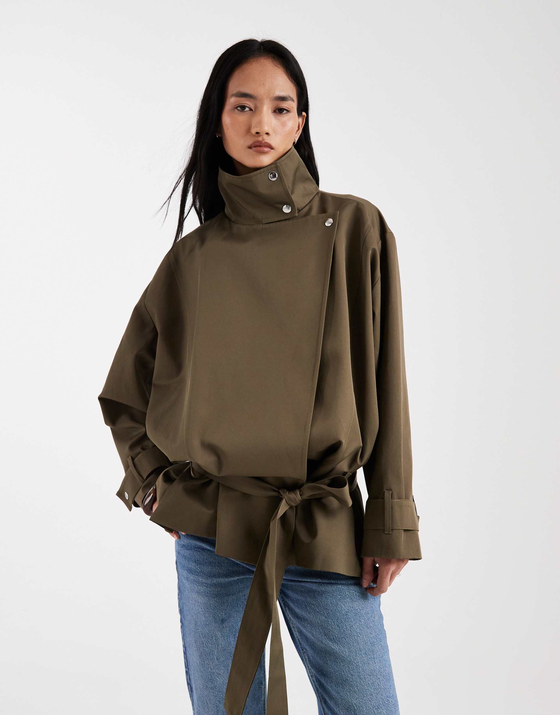asos design funnel neck dropped waist jacket in beige
