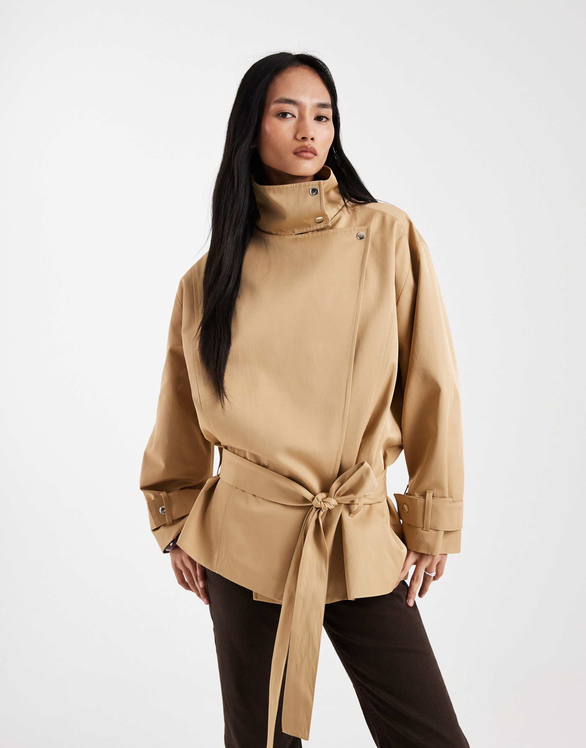 asos design funnel neck dropped waist jacket in beige