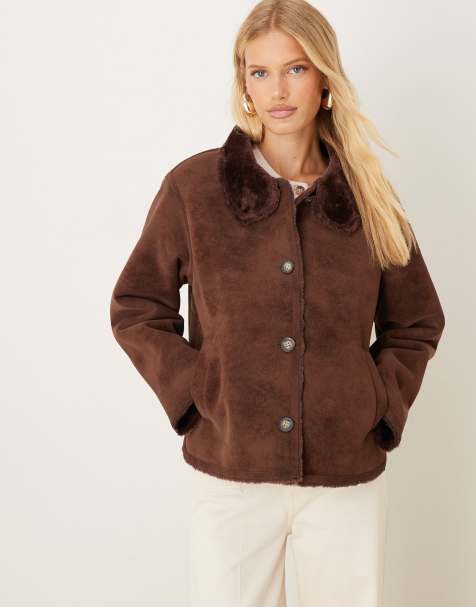 ASOS DESIGN funnel neck faux suede bonded jacket in chocolate - view 1