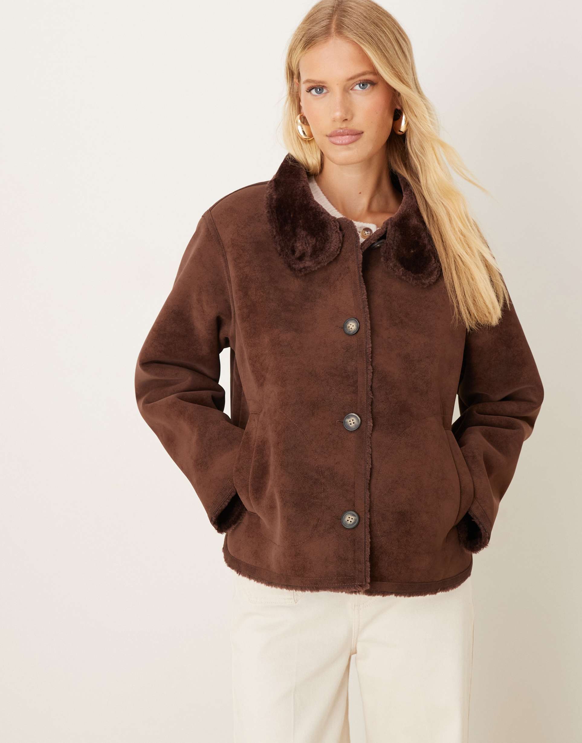 asos design funnel neck faux suede bonded jacket in chocolate