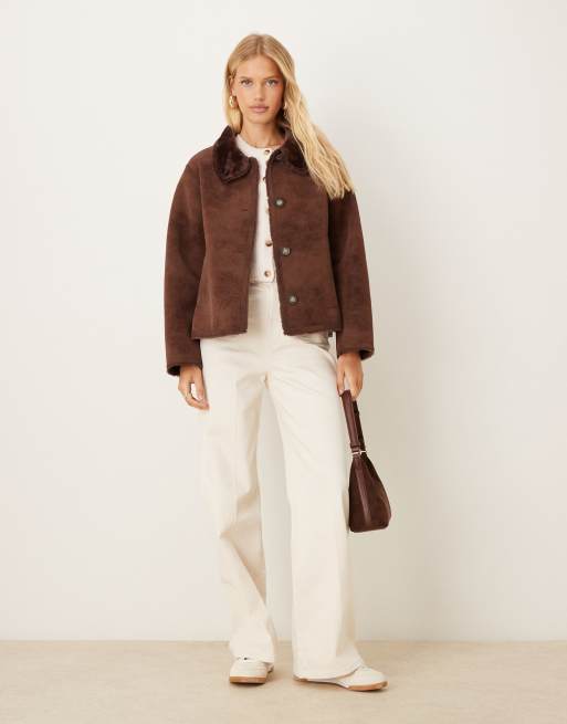ASOS DESIGN funnel neck faux suede bonded jacket in chocolate, 2 of 4