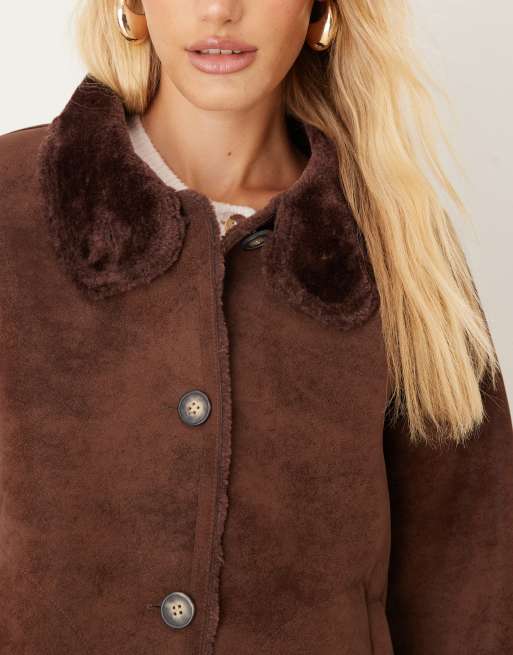 ASOS DESIGN funnel neck faux suede bonded jacket in chocolate, 3 of 4