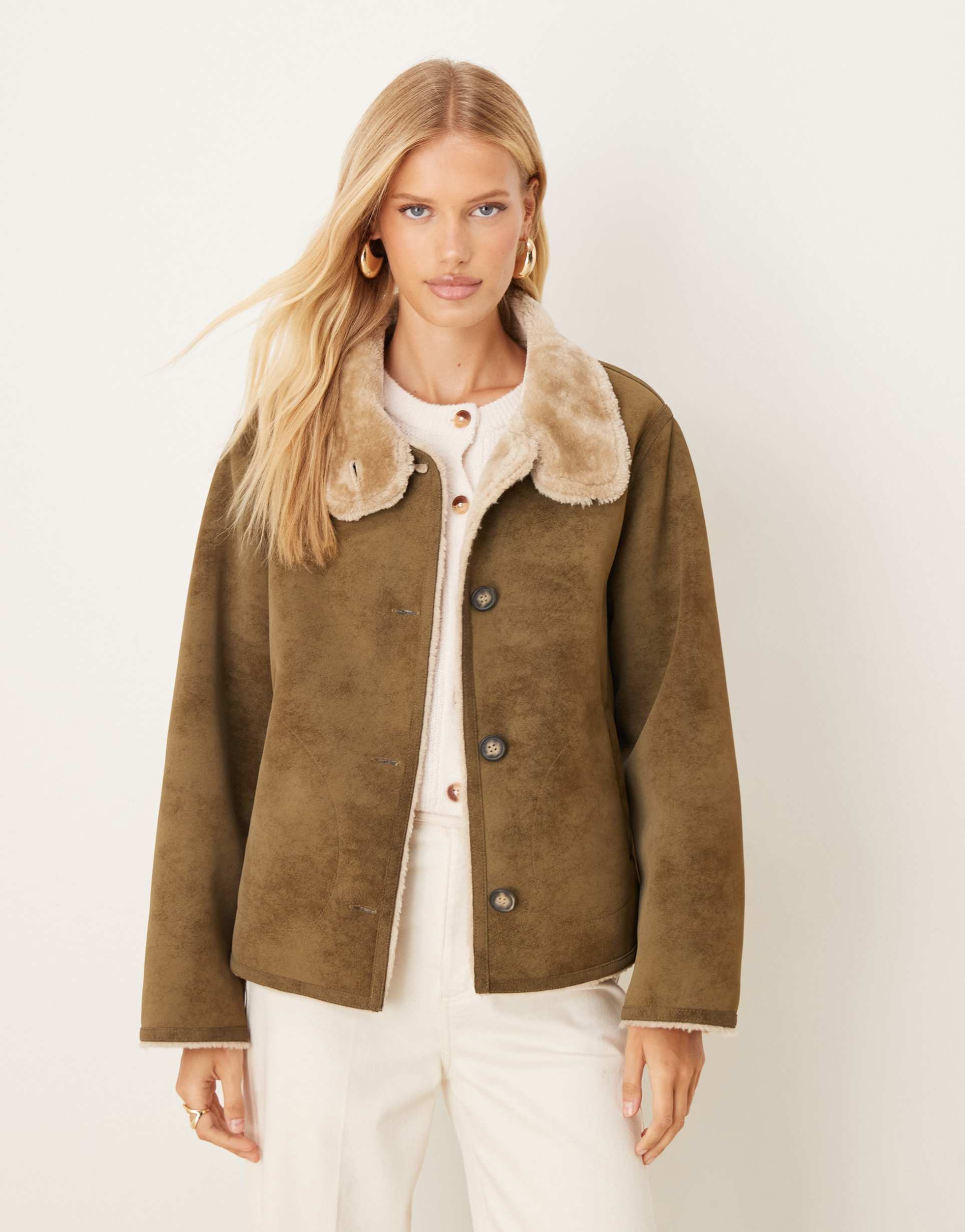 asos design funnel neck faux suede bonded jacket in khaki