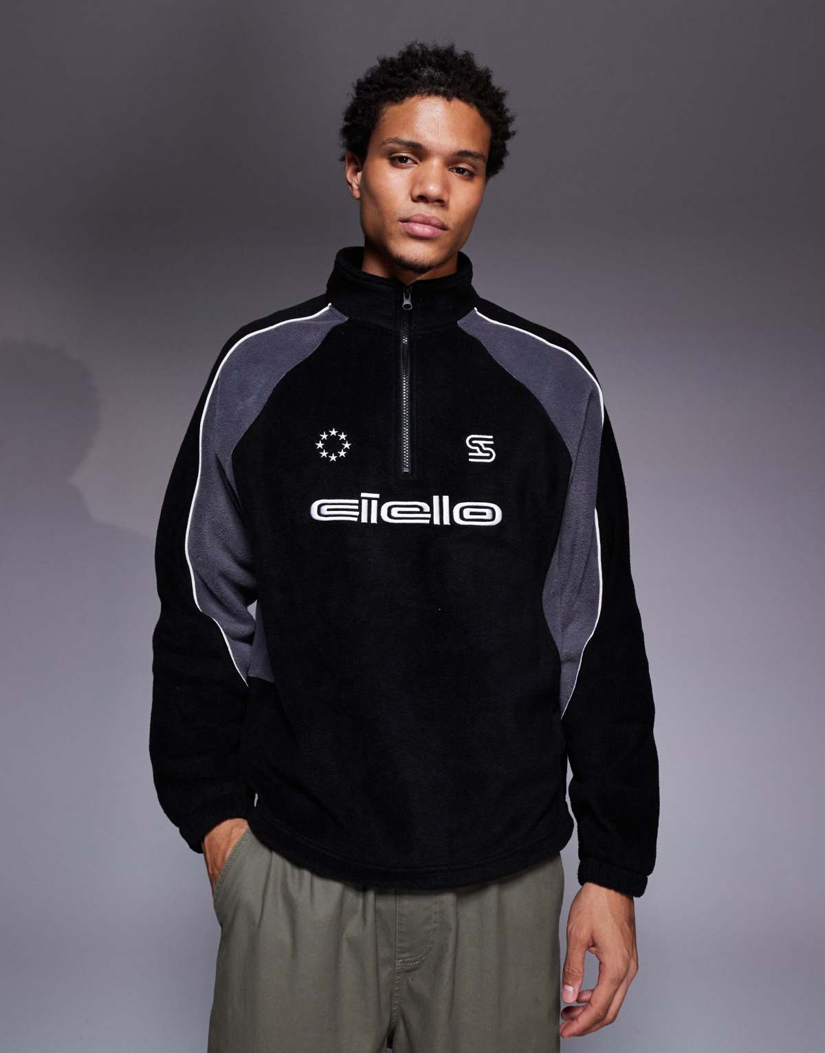 ASOS DESIGN funnel neck fleece sweatshirt with chest print in black
