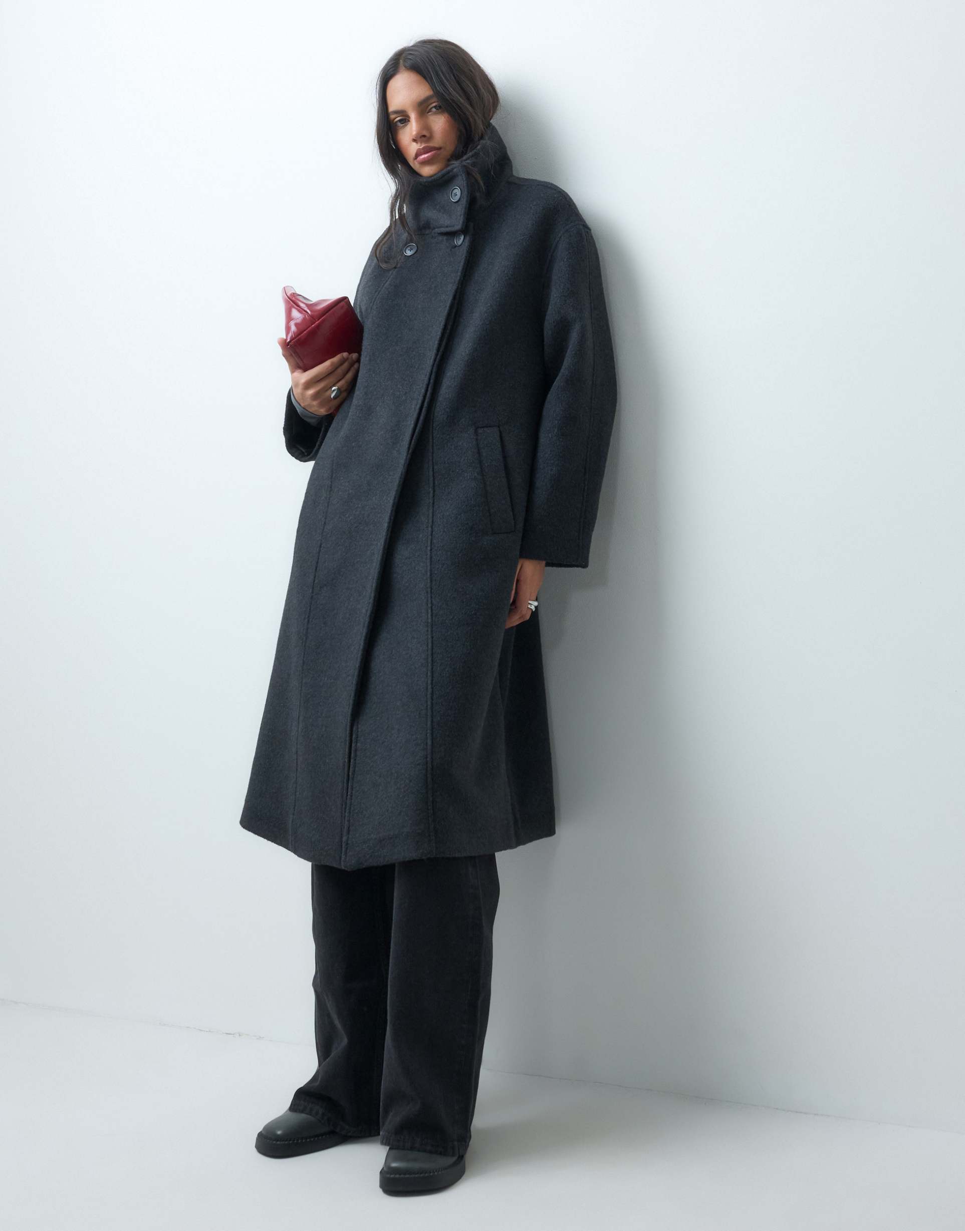 ASOS DESIGN funnel neck formal coat with wool in charcoal