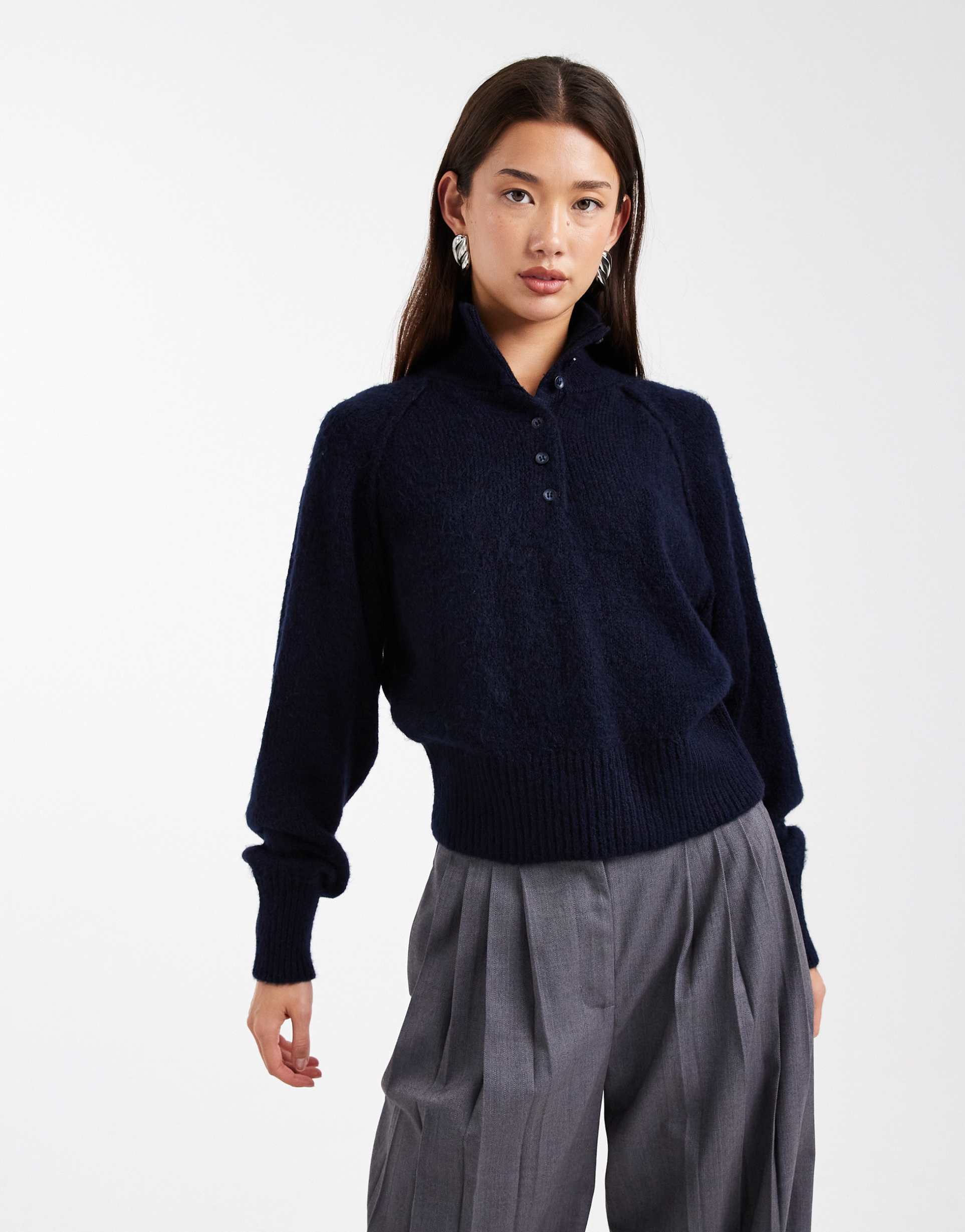 asos design funnel neck half button sweater in navy