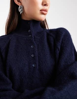 Asos Design Funnel Neck Half Button Sweater In Blue