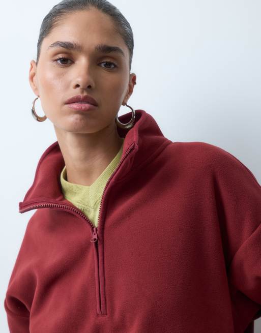 ASOS DESIGN funnel neck half zip pull over polar fleece in burgundy, 3 of 4