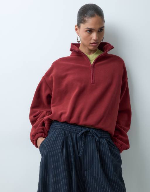 ASOS DESIGN funnel neck half zip pull over polar fleece in burgundy, 4 of 4
