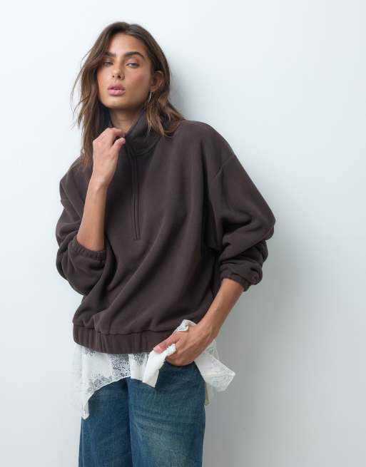 ASOS DESIGN funnel neck half zip pull over polar fleece in chocolate, 2 of 5