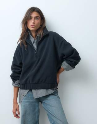 Asos Design Funnel Neck Half Zip Pull Over Polar Fleece Sweatshirt In Black
