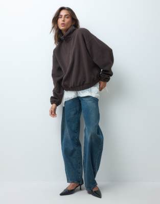 Asos Design Funnel Neck Half Zip Pull Over Polar Fleece Sweatshirt In Brown