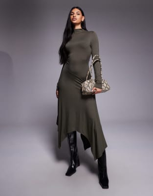 Asos Design Funnel Neck Hanky Hem Midi Dress In Gray