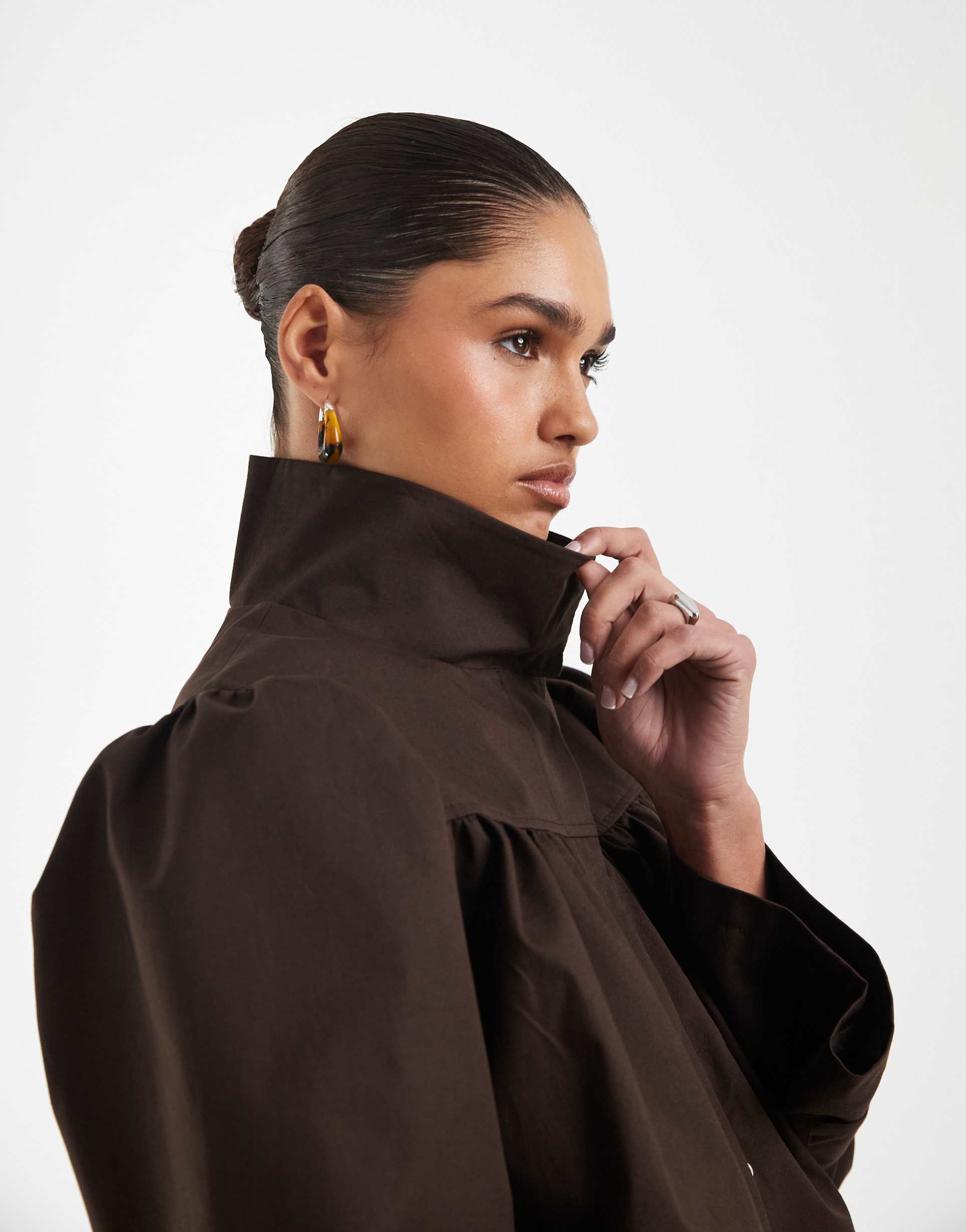 asos design funnel neck jacket in linen in chocolate brown