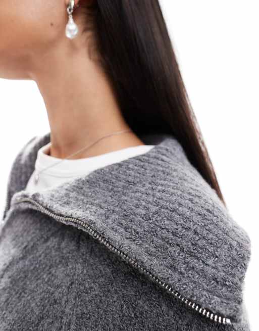 ASOS DESIGN funnel neck jumper with zip in clean yarn in charcoal