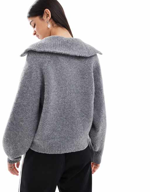 ASOS DESIGN funnel neck jumper with zip in clean yarn in charcoal