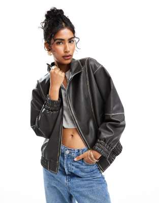 Asos Design Funnel Neck Leather Look Bomber Jacket In Black