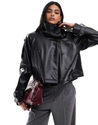 funnel neck leather look short trench coat in black