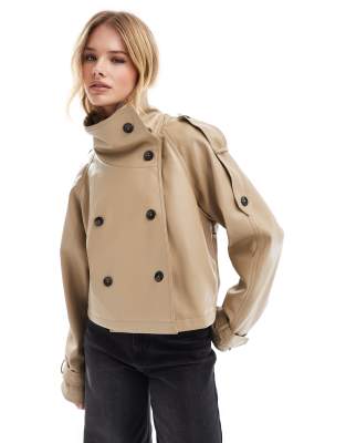 funnel neck leather look short trench coat in stone-Brown