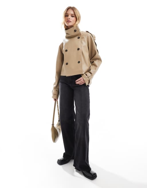 ASOS DESIGN funnel neck leather look short trench coat in stone