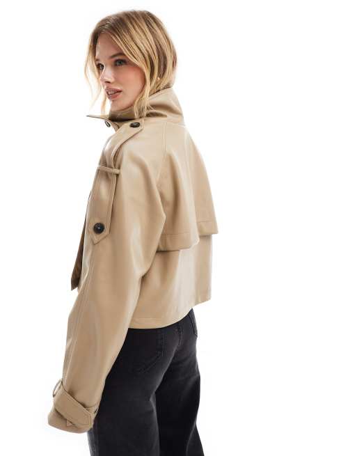 ASOS DESIGN funnel neck leather look short trench coat in stone