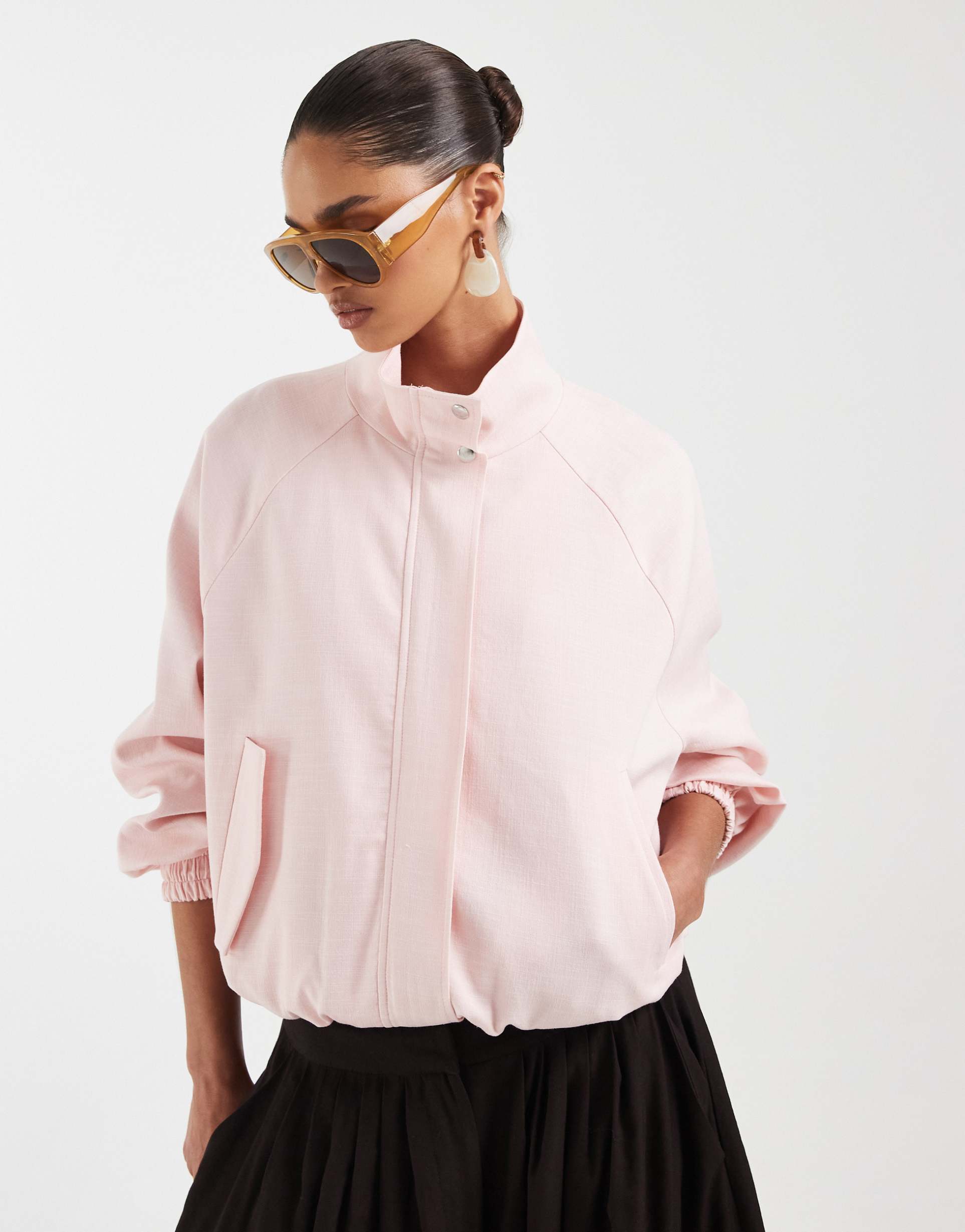asos design funnel neck linen look jacket in light pink