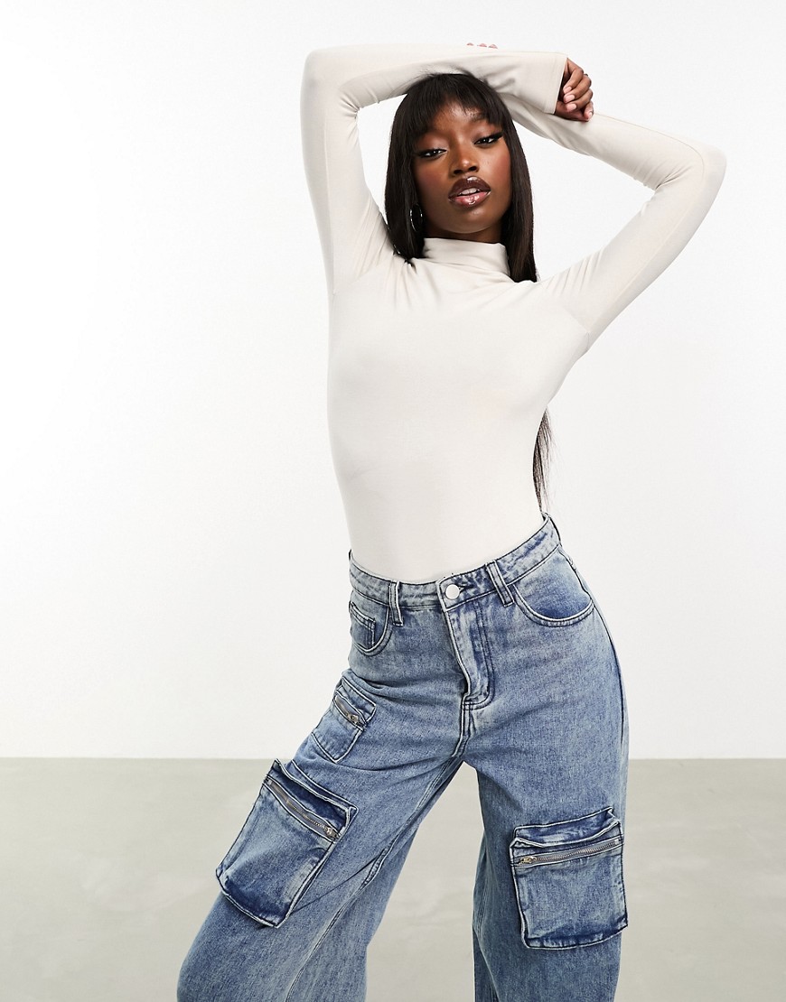Asos Design Long Sleeve Bodysuit With Turtle Neck In White In Neutral