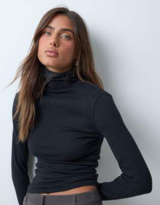 Asos Design Funnel Neck Long Sleeve Top In Black