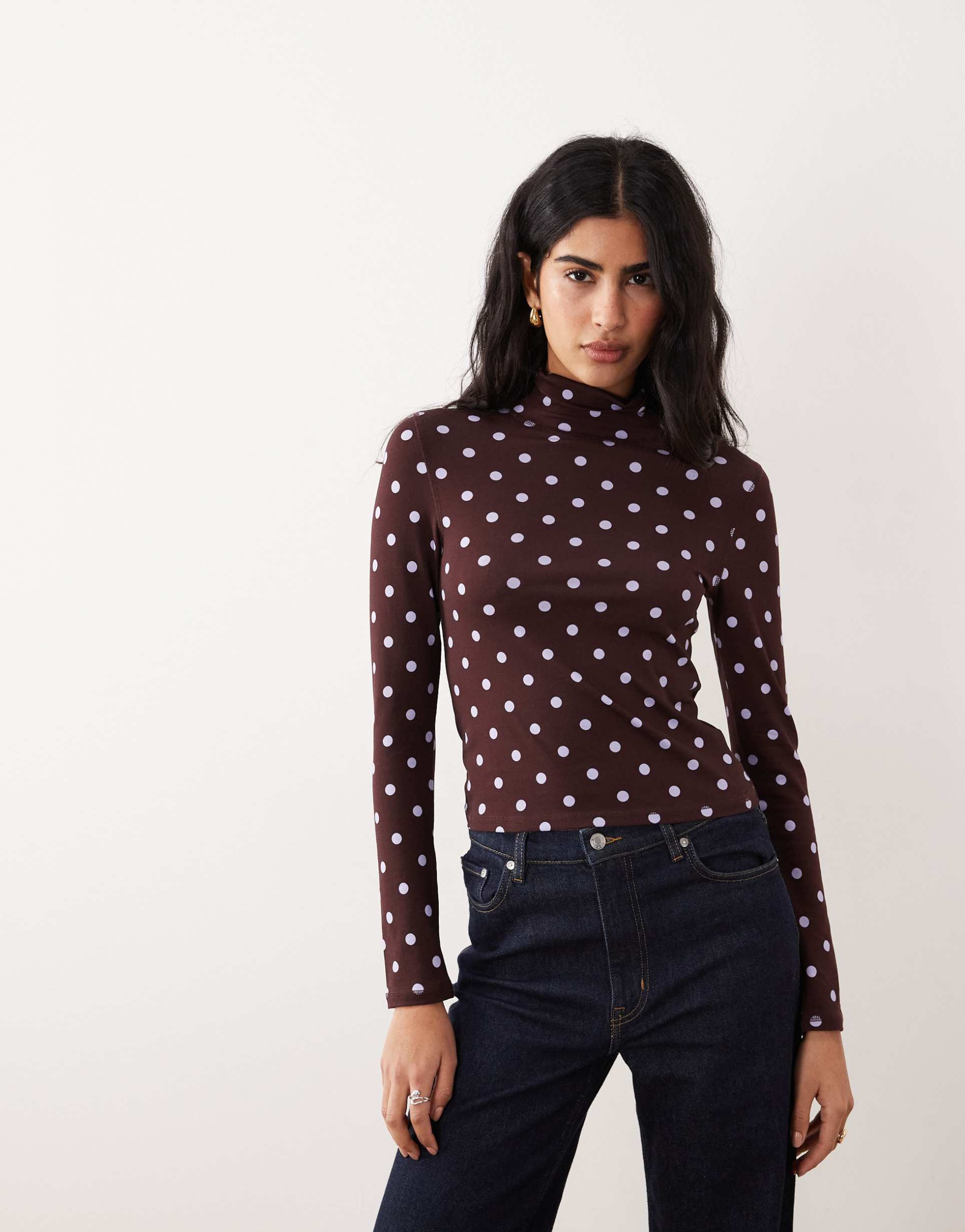 asos design funnel neck long sleeve top in brown polka dot print