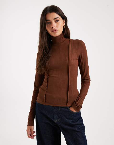 ASOS DESIGN funnel neck long sleeve top with exposed seams in brown - view 1