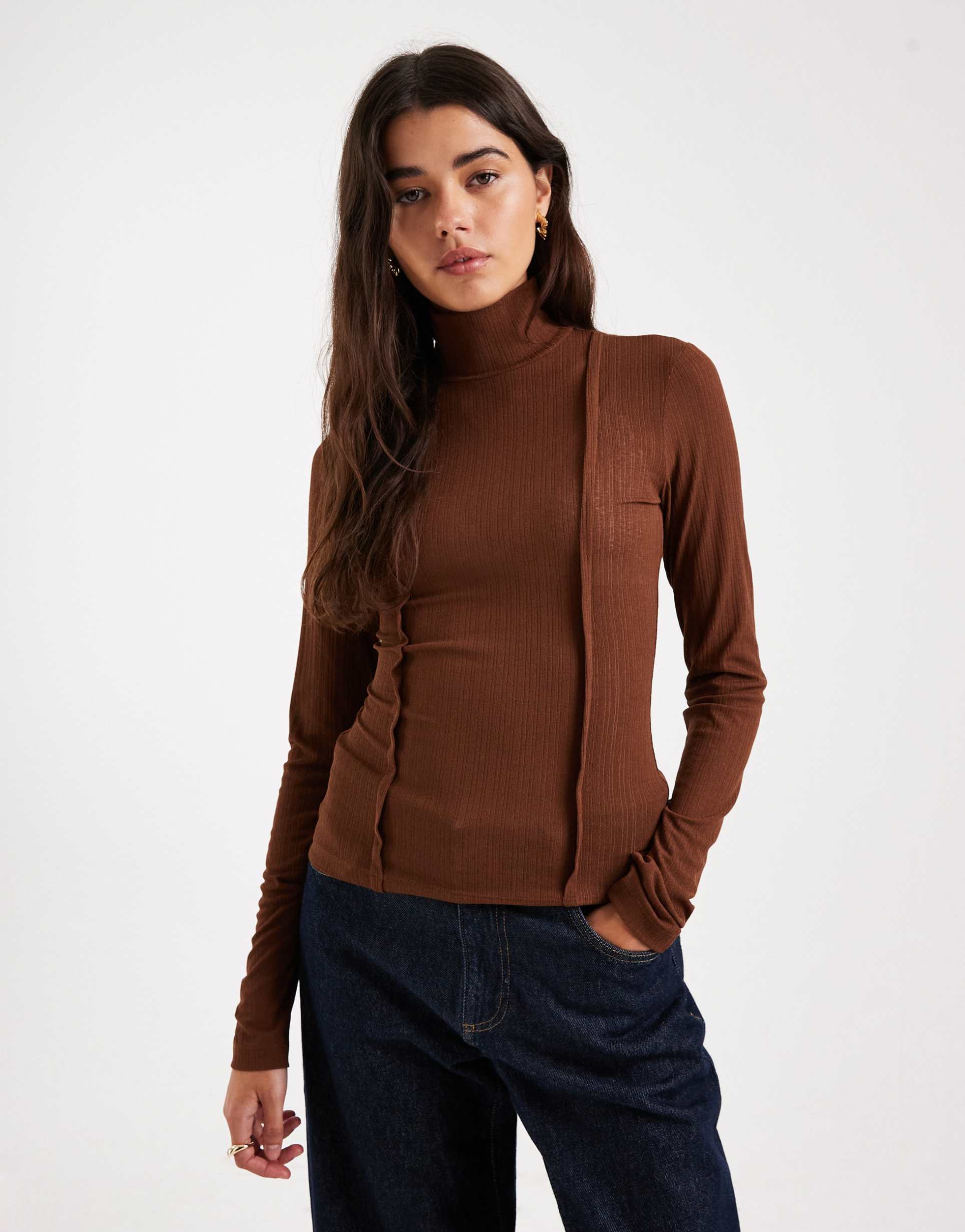 asos design funnel neck long sleeve top with exposed seams in brown