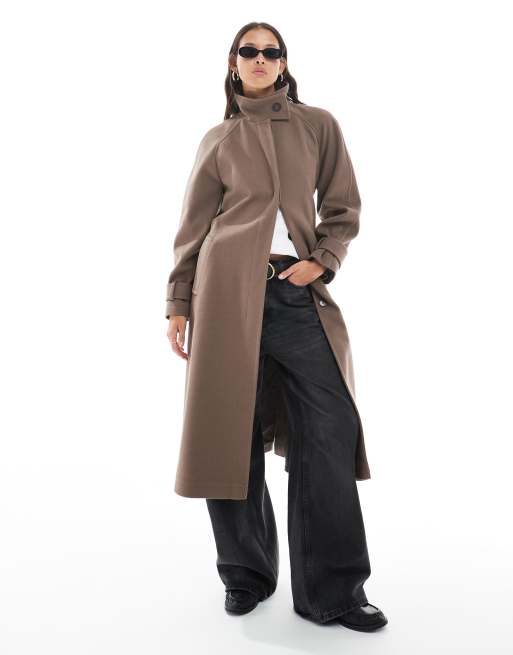 ASOS DESIGN funnel neck longline coat in mocha