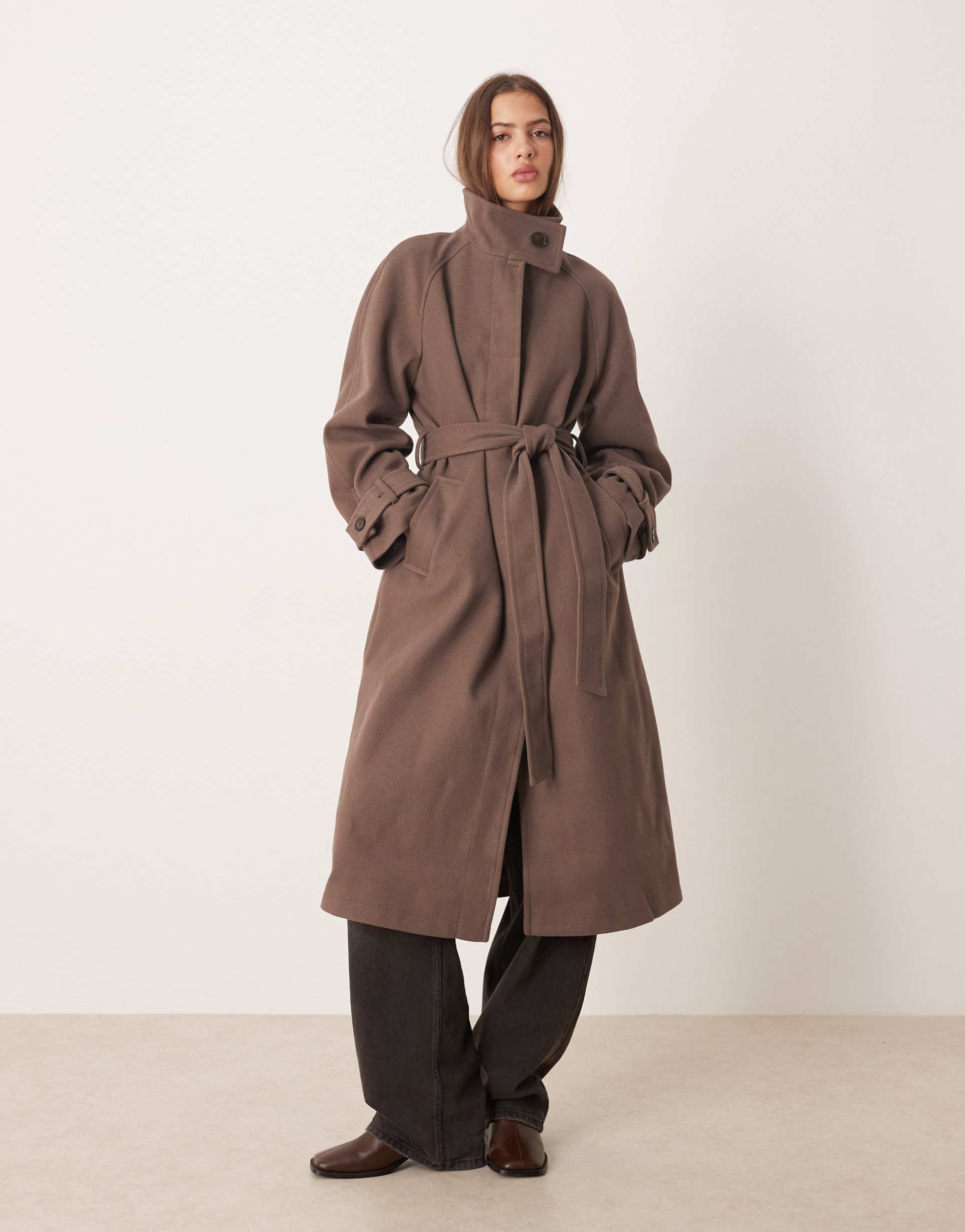 asos design funnel neck longline formal trench coat in mushroom