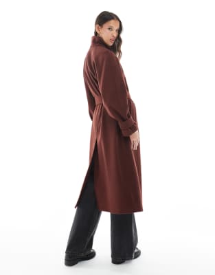 Asos Design Funnel Neck Longline Formal Trench Coat In Brown