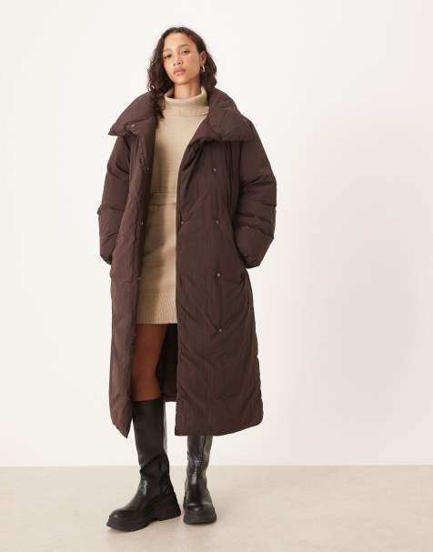 ASOS DESIGN funnel neck longline puffer jacket in chocolate - view 1