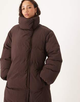 Asos Design Funnel Neck Longline Puffer Jacket In Brown