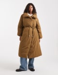 [ASOS DESIGN] ASOS DESIGN funnel neck longline puffer jacket in olive-Brown XS Olive
