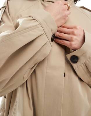 Shop Asos Design Funnel Neck Longline Trench Coat In Neutral