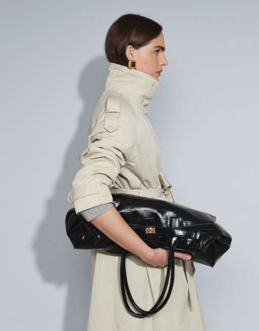 ASOS DESIGN funnel neck longline trench coat in stone, 2 of 4