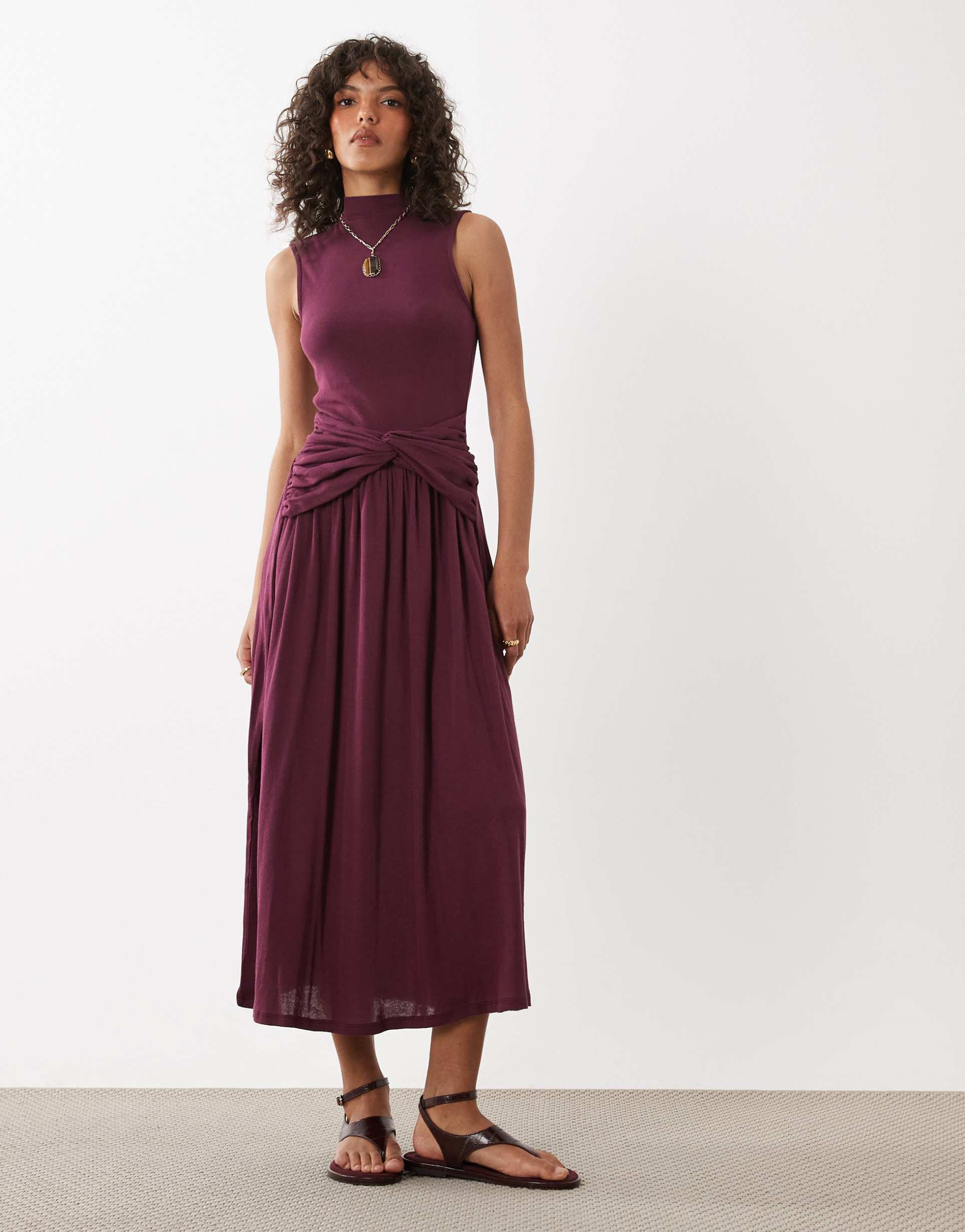 asos design funnel neck maxi dress with twist waist detail in plum