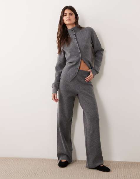 ASOS DESIGN funnel neck mini button cardigan & straight leg pants set in charcoal - view 1