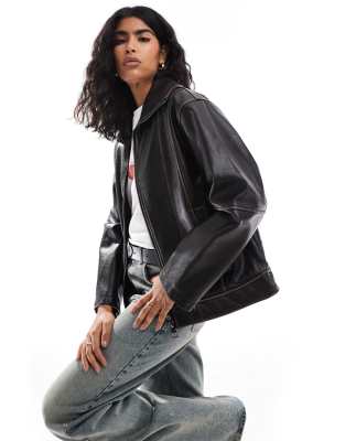 funnel neck oversized biker jacket in black