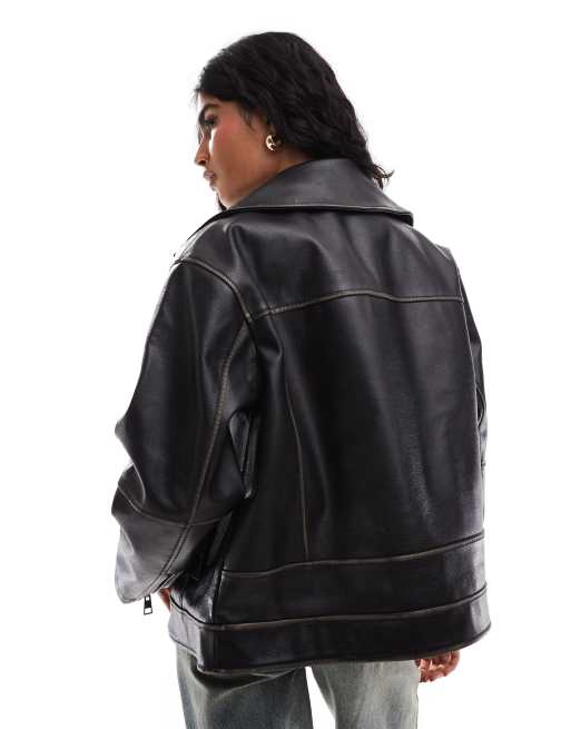 ASOS DESIGN funnel neck oversized biker jacket in black, 3 of 4