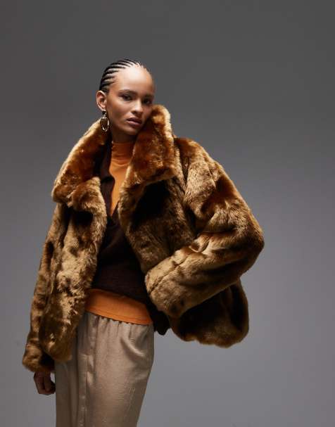 ASOS DESIGN funnel neck oversized faux fur jacket in brown - view 1