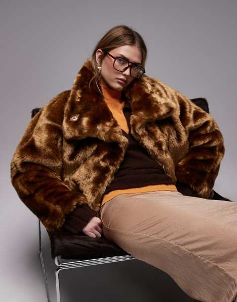 ASOS DESIGN funnel neck oversized faux fur jacket in brown