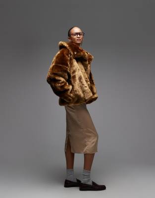 Asos Design Funnel Neck Oversized Faux Fur Jacket In Brown
